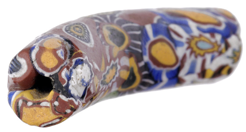 Rare Antique Elbow Multimurrine Millefiori Venetian Mosaic African Trade Bead - close-up