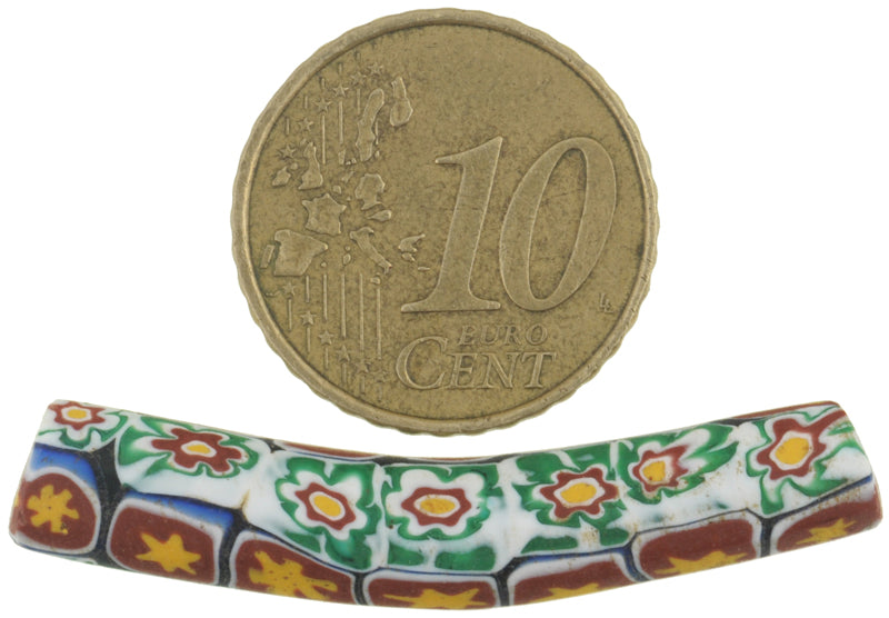 Rare Antique Elbow Venetian Millefiori Mosaic Glass Trade Bead, 40X7Mm - close-up