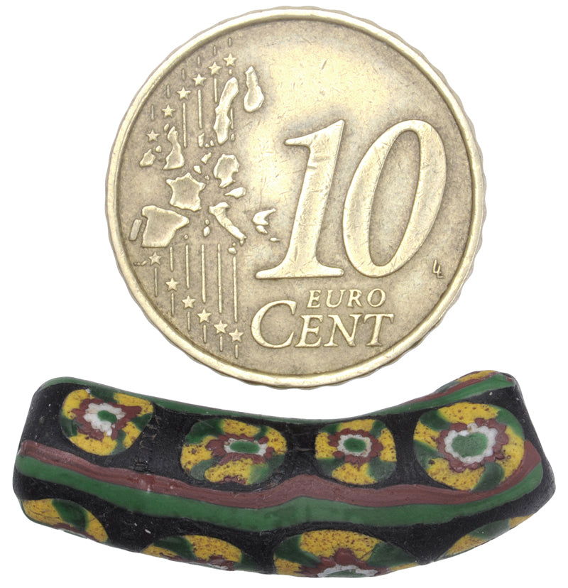 Rare Antique Venetian Elbow Millefiori Trade Bead, Mosaic Glass, 26X8Mm - close-up