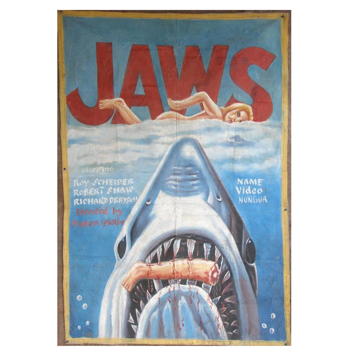 Jaws Movie Poster - Hand-Painted Horror Classic From Ghana - horror scene artwork