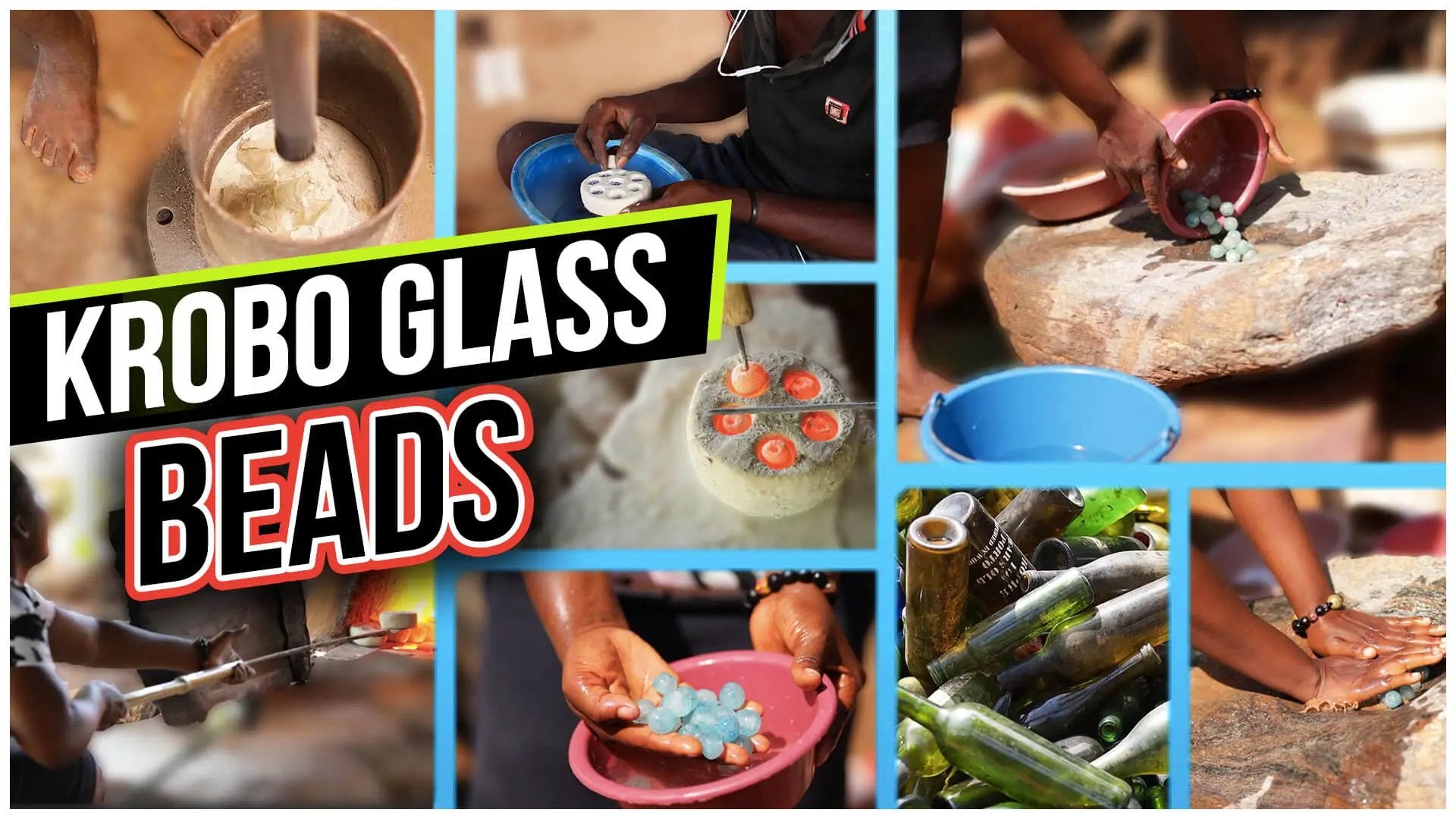 Cargar video: Cuentas de polvo de vidrio reciclado africano hechos a mano en Ghana por la gente de Krobo utilizando la técnica tradicional de fabricación de cuentas. Desde materias primas de vidrio rotos hasta cuentas pulidas a mano listas para crear increíbles joyas de cuentas.