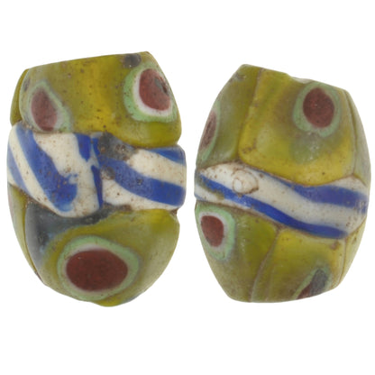 Rare Antique Banded Venetian Millefiori Mosaic Trade Beads Pair - 13-14Mm