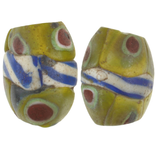 Rare Antique Banded Venetian Millefiori Mosaic Trade Beads Pair - 13-14Mm
