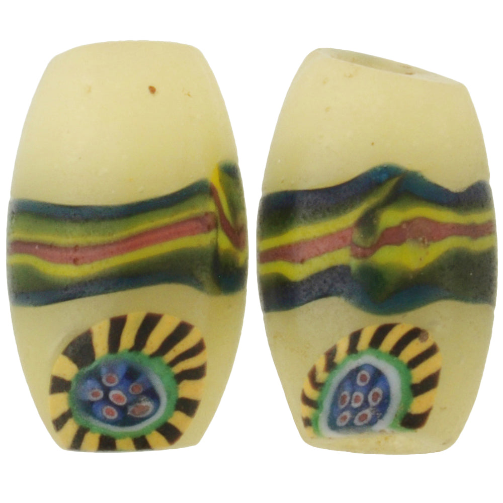 Rare Antique Peacock Banded Millefiori African Trade Beads Pair 15X9Mm