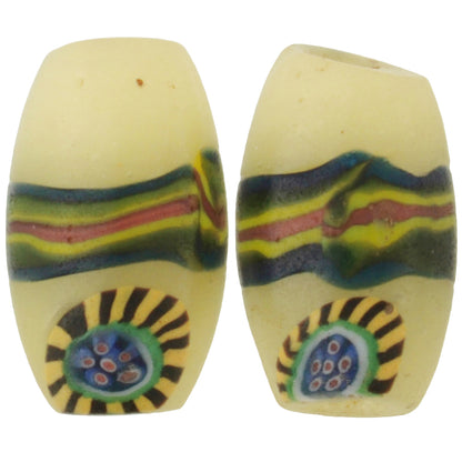 Rare Antique Peacock Banded Millefiori African Trade Beads Pair 15X9Mm