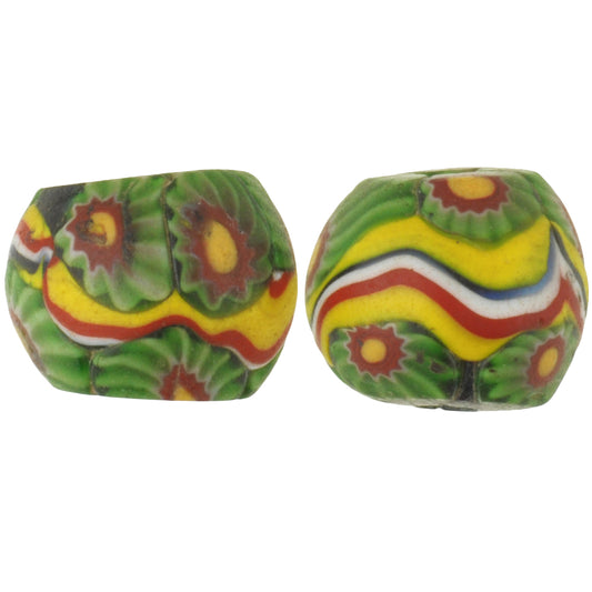 Rare Antique Banded Millefiori Mosaic Glass Trade Beads, 14X11Mm Pair