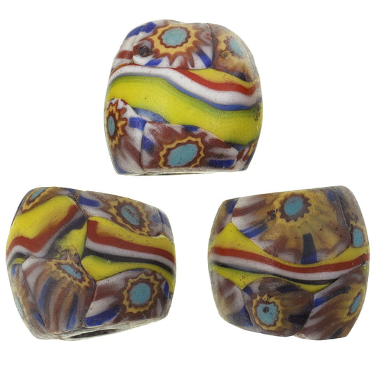 Antique Banded Millefiori Venetian Mosaic Glass African Trade Beads, 12X11Mm