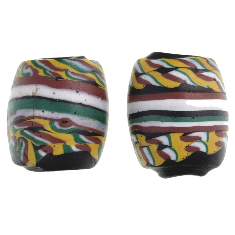 Rare Antique Venetian "Kente" Glass African Trade Beads Pair, 14X12Mm