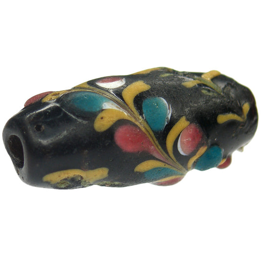 Rare Antique Black Floral Venetian Lampwork Trade Bead, 23X10Mm