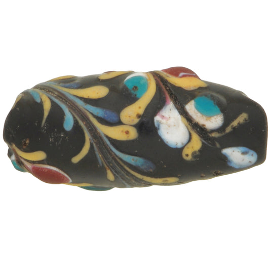 Rare Black "Floral" Antique Venetian Lampwork Glass Trade Bead, 21X10Mm