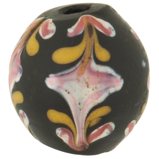 Antique Black Floral Venetian Lampwork Glass Trade Bead, 13X12Mm, African Trade