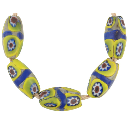 Antique Banded Oval Millefiori Venetian Mosaic Glass Trade Beads - 17Mm