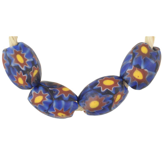Rare Antique Blue Oval Millefiori Mosaic Trade Beads, 11Mm