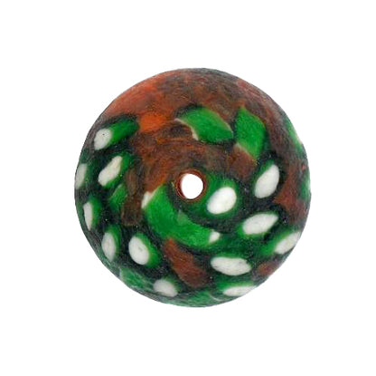 Large Bicone Recycled Glass Bead With White Hearts & Chevron Accents - close-up
