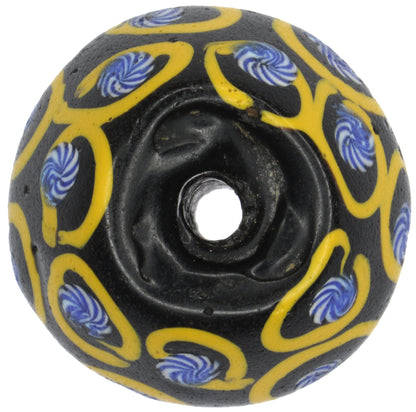Rare Antique Black Bicone "King" Venetian Glass Trade Bead - Lampwork Trail Design - close-up