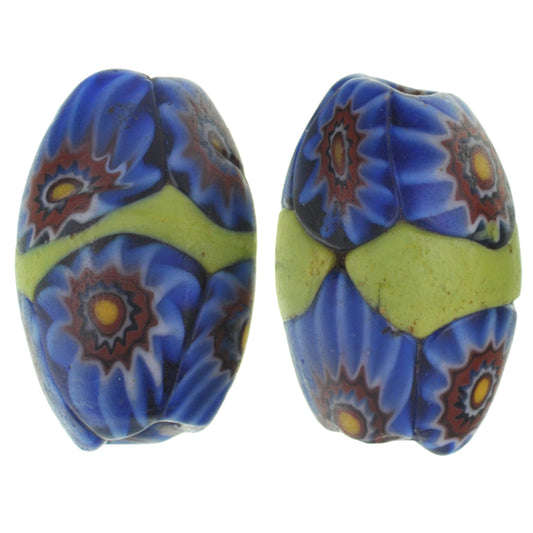 Rare Antique Banded Oval Venetian Millefiori Mosaic Trade Beads, 11-12 Mm
