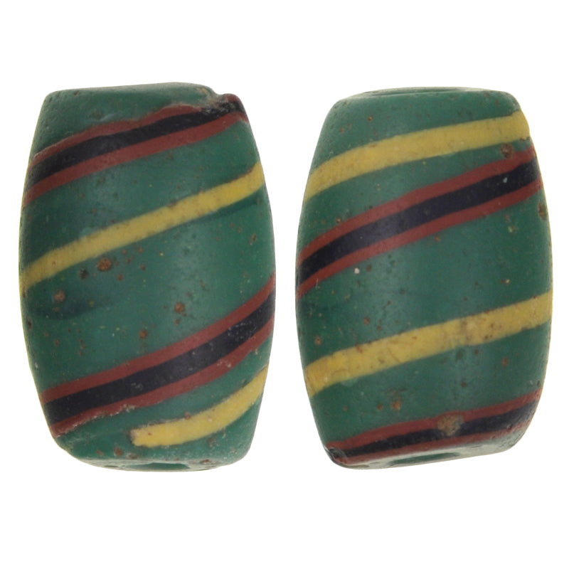 Rare Antique Green Oval "Fancy" Venetian Wound Glass Trade Beads - 16X11Mm