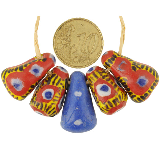 New Large Polychrome Kiffa Glass African Trade Beads - 5 Pieces