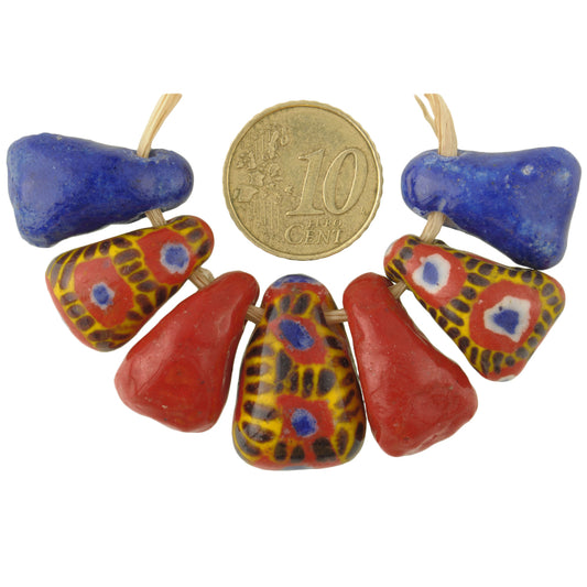 Rare Large Kiffa Glass Beads - 3 Polychrome, 2 Red, 2 Blue 21-24Mm