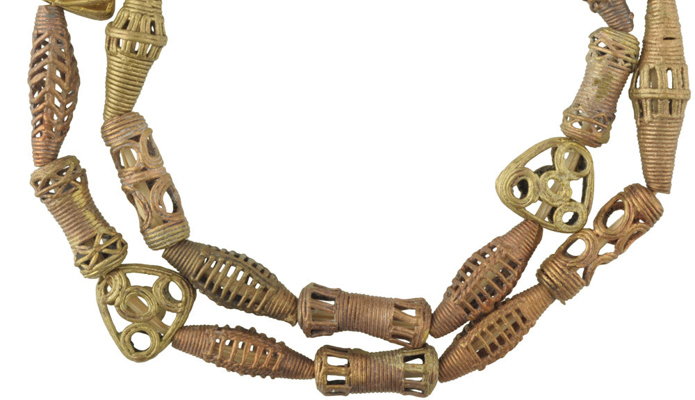 Handmade African Brass Beads From Ghana - 28" Lost Wax Strand - close-up