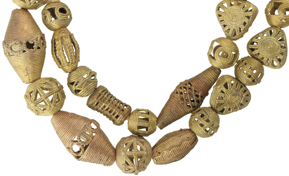 Handmade African Brass Beads From Ghana - 26.5" Lost Wax Strand - close-up