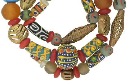 Mixed Krobo Glass And Brass African Trade Beads Strand 27.5" - close-up