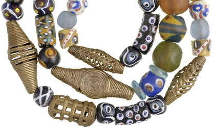 Mixed Krobo Glass & Brass Beads - Ghana African Trade Strand - close-up