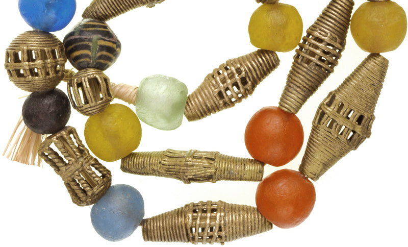 Mixed Krobo Glass And Brass Beads - African Trade Beads 12-19Mm - close-up