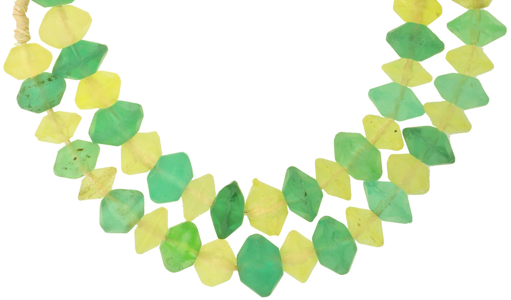 Old Green And Yellow "Vaseline" Bohemian Glass Trade Beads, 12-15Mm - close-up