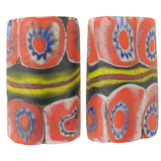 Antique Banded Millefiori Mosaic Beads - Rare Venetian Trade Pair, 17X10 Mm