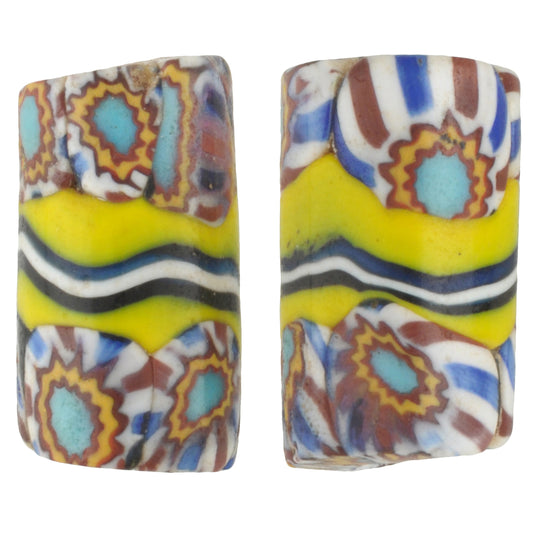 Antique Banded Venetian Millefiori Mosaic Glass Trade Beads 17X9Mm Pair