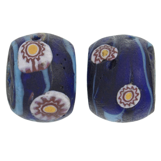 Rare Antique Blue Round Venetian Millefiori Mosaic Trade Beads 13X10Mm