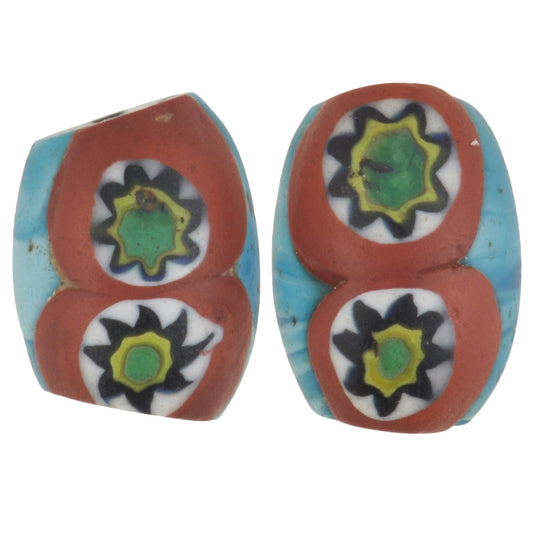 Antique Oval Millefiori Venetian Mosaic Glass Trade Beads 13X10 Mm Pair