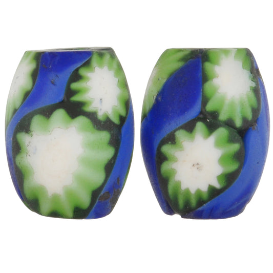 Antique Oval Millefiori Venetian Mosaic Glass Trade Beads Pair 14Mm