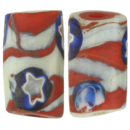 Rare Antique Venetian Millefiori Mosaic Trade Beads Pair, 16X9Mm