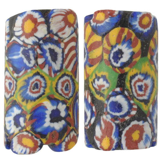 Rare Antique Venetian Millefiori Mosaic Glass Trade Beads, Large Pair