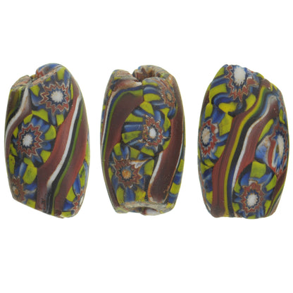 Antique Oval Venetian Millefiori Mosaic Glass African Trade Beads, 16-17Mm