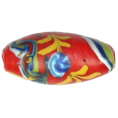Rare Old Red "Floral" Venetian Lampwork Glass Trade Bead, 23X11Mm