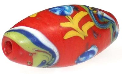 Rare Old Red "Floral" Venetian Lampwork Glass Trade Bead, 23X11Mm - alternate view