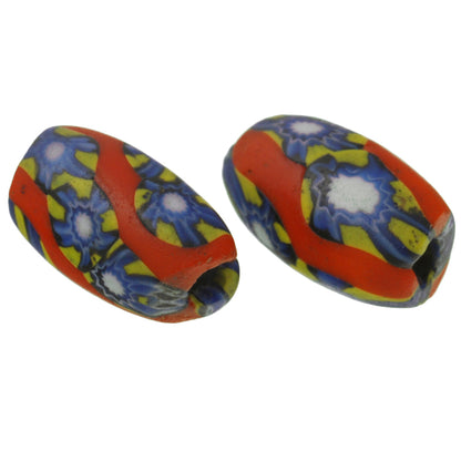 Rare Antique Oval Millefiori Venetian Mosaic Glass Trade Beads Pair