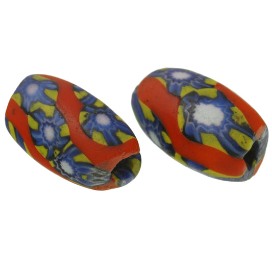 Rare Antique Oval Millefiori Venetian Mosaic Glass Trade Beads Pair