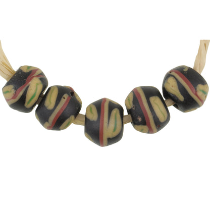 Antique Black Bicone Venetian Lampwork Glass Trade Beads With Trail Design