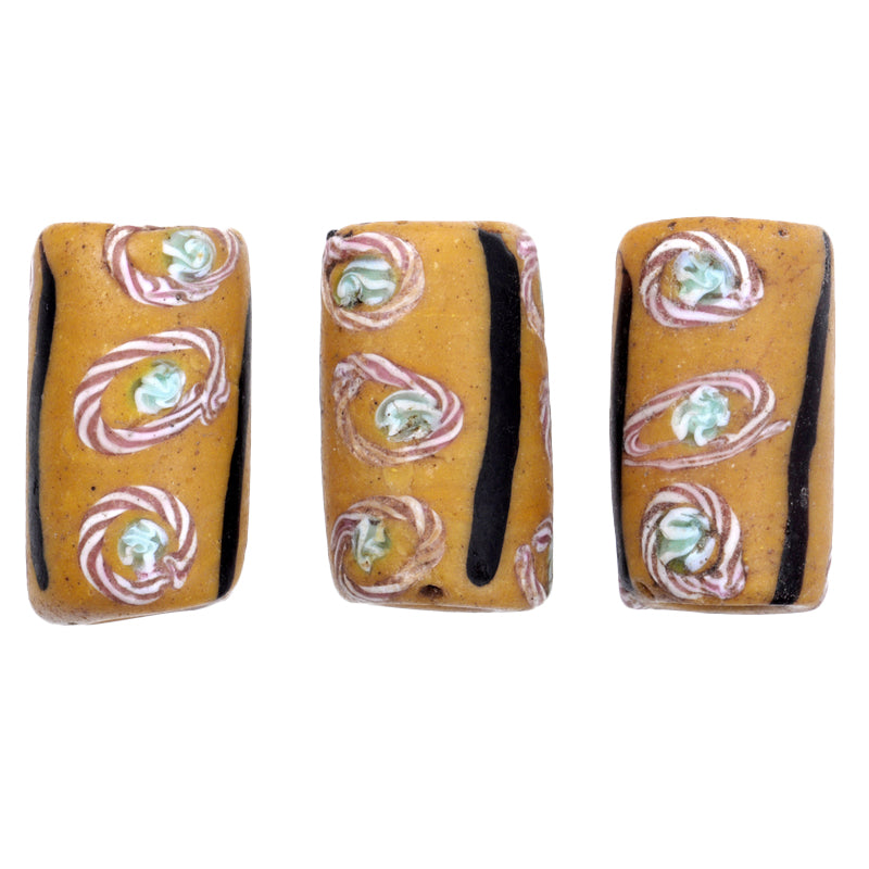 Antique Fancy Venetian Wound Glass Trade Beads With Trail Decor - 3 Matching Beads