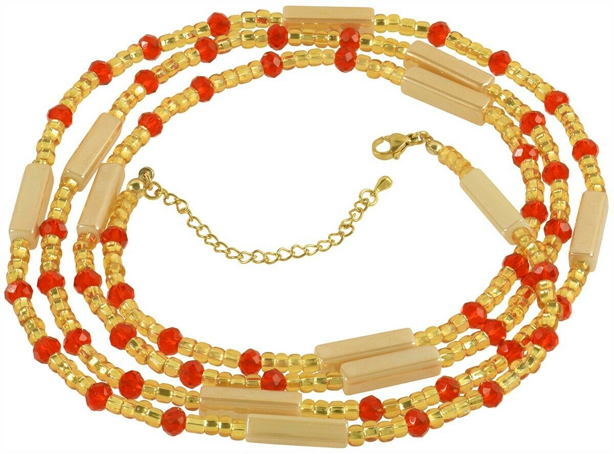 Extension Chain Gold & Red African Waist Beads – Handmade Body Beaded Jewelry