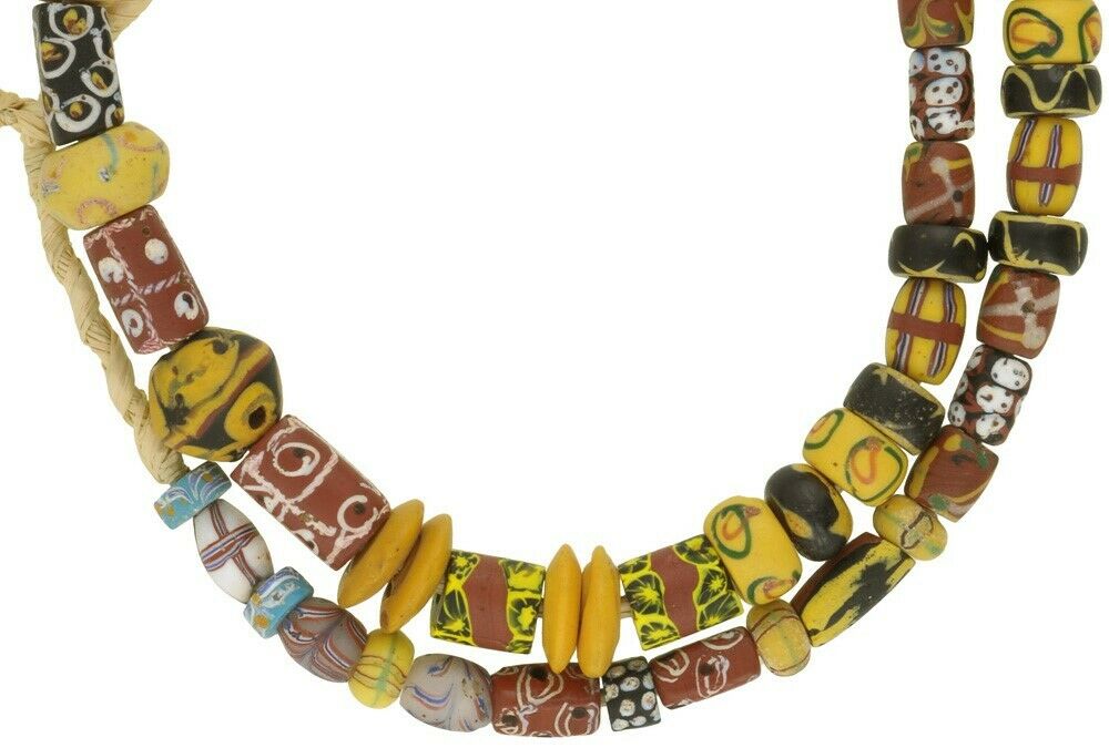 Old African Trade Beads Millefiori Feather French Cross Eye Venetian Glass Beads - close-up