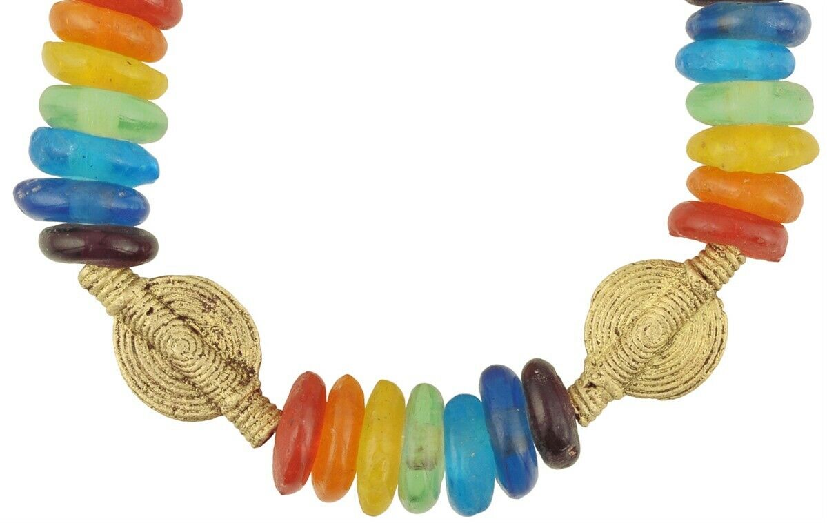 Handmade Beaded Bracelet - Krobo Glass & Ashanti Brass Beads - close-up
