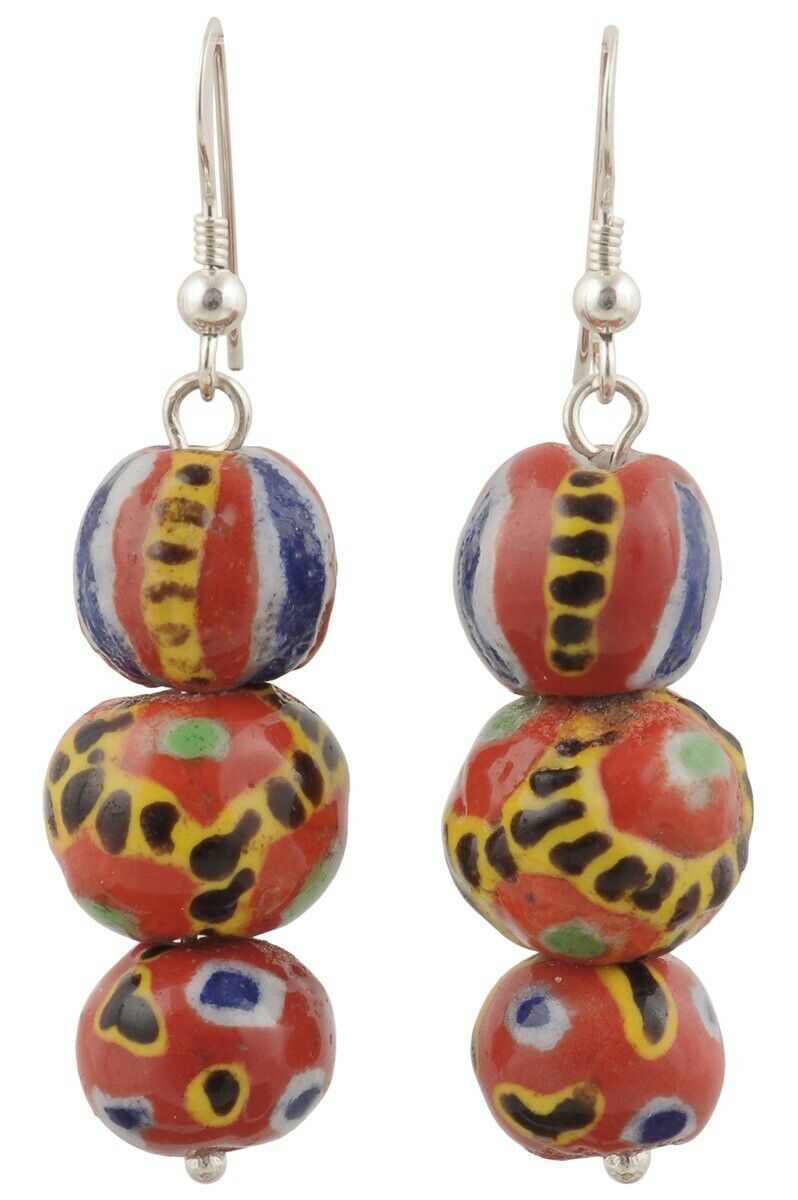 Kiffa Glass Beads Handmade Earrings 925 Sterling Silver African Ethnic Jewelry