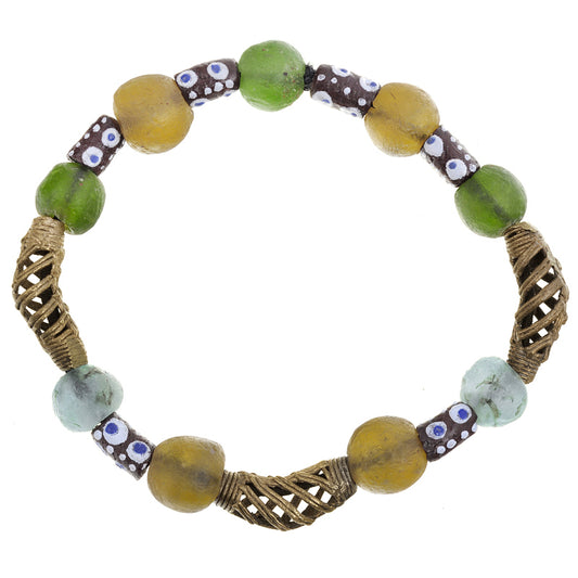 Handmade Beaded Bracelet - Glass & Brass Beads From Ghana - focused artwork area