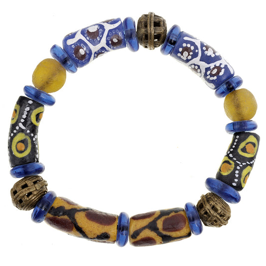 Handmade Beaded Bracelet - African Glass & Brass Beads - surface close-up