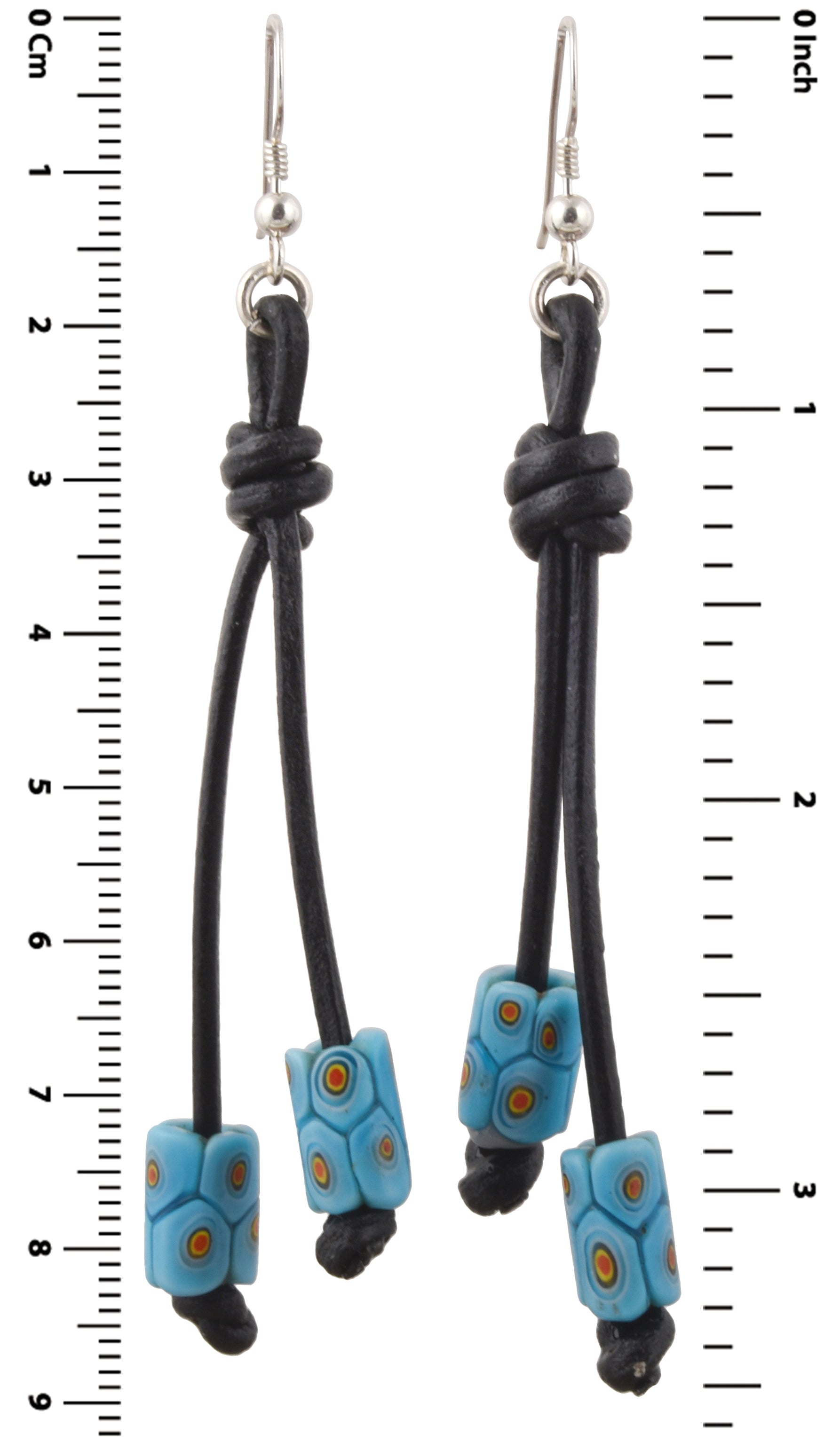 African Trade Beads Antique Millefiori Earrings 925 Sterling Silver Leather Boho - close-up